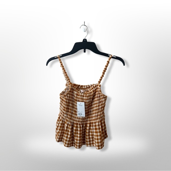 NWT Kohls SO Brand Gold Cropped Gingham Checkered Smocked Peplum Tank Sz Medium - Picture 2 of 7